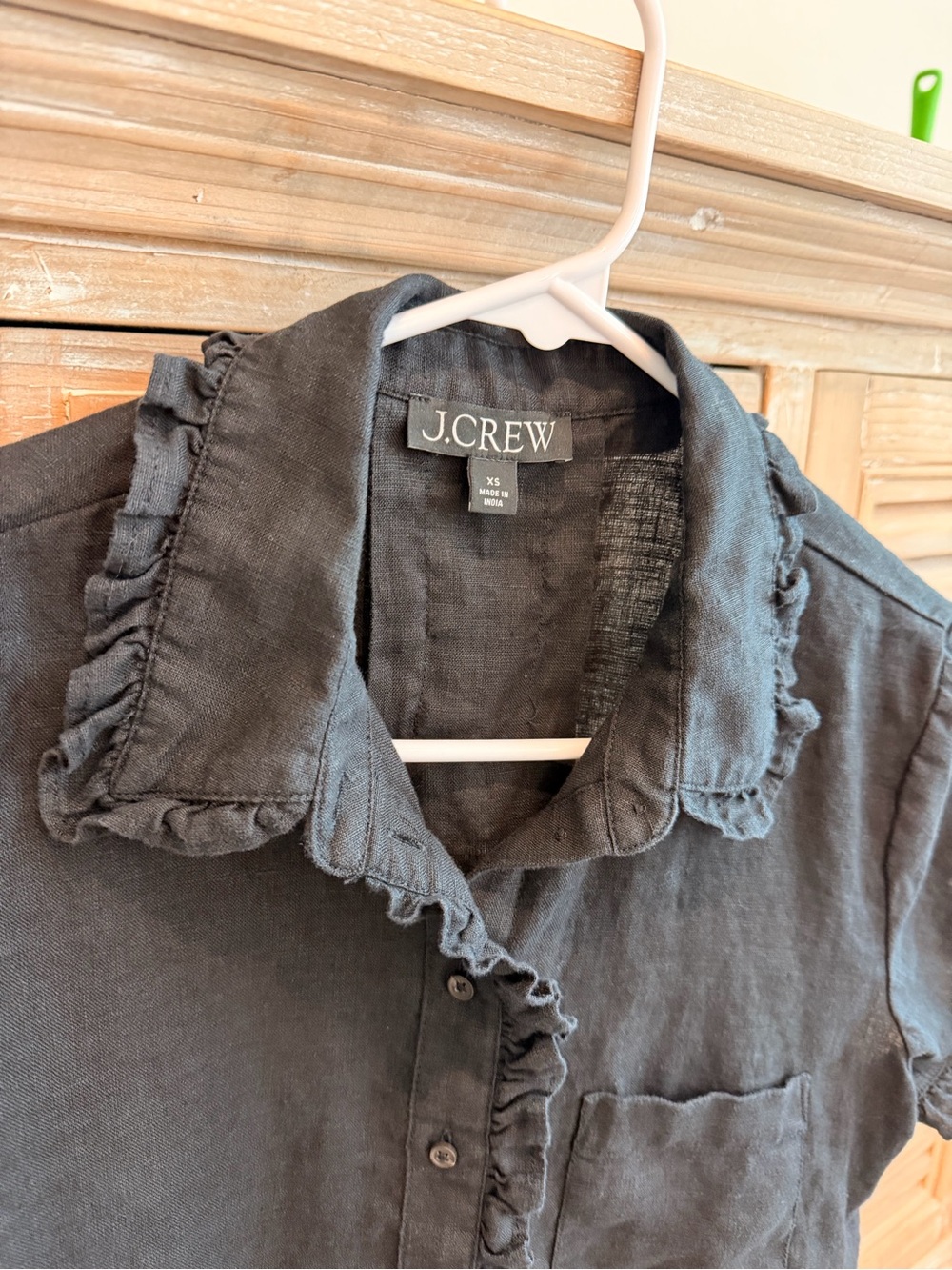 J. Crew Black 100% Linen Ruffle Trim Short Sleeve Button Up Shirt (Size XS) - Picture 3 of 11